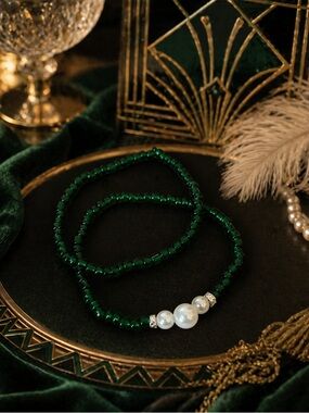 Emerald Pearl Beaded Bracelet Set | Vintage Glam Art Deco Inspired Duo 9”